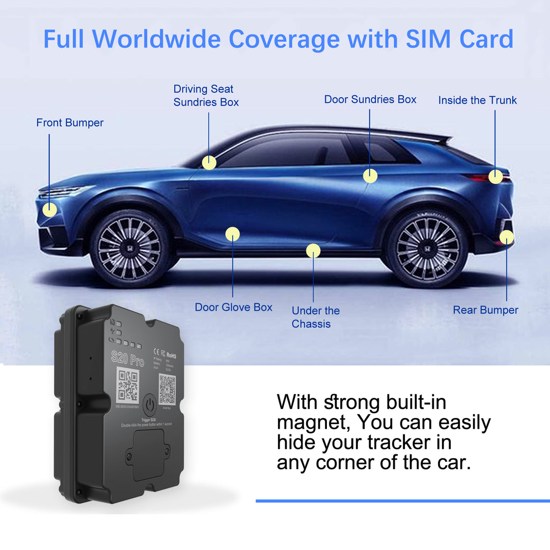 Car with labeled parts and a black device with a magnet, indicating global coverage and easy concealment.