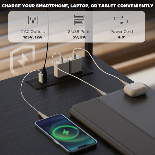 Power station with AC outlets and USB ports charging a smartphone on a desk.