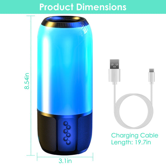 Blue LED lamp with USB cable and dimensions on a white background