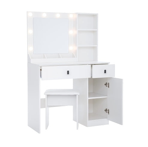 White vanity desk with mirror and stool on a white background