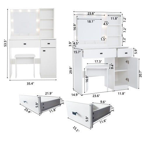 White desk with dimensions labeled on a white background
