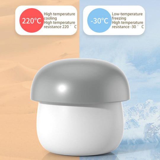 White container with a gray lid on a split background of warm and cool tones, with temperature labels.