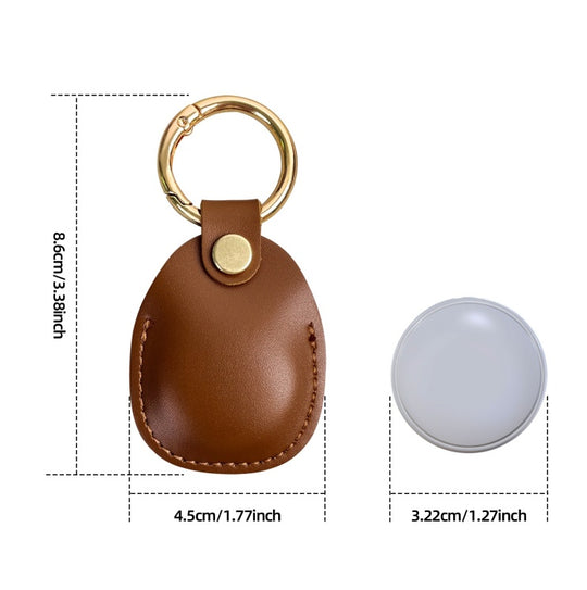 Brown leather keychain with gold ring and measurements on a white background