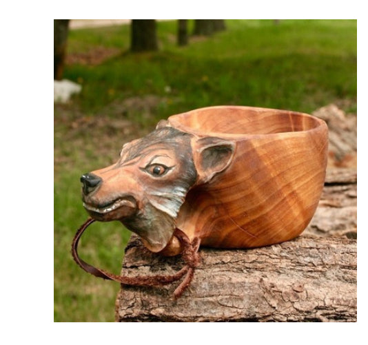 Wooden cup shaped like a wolf&