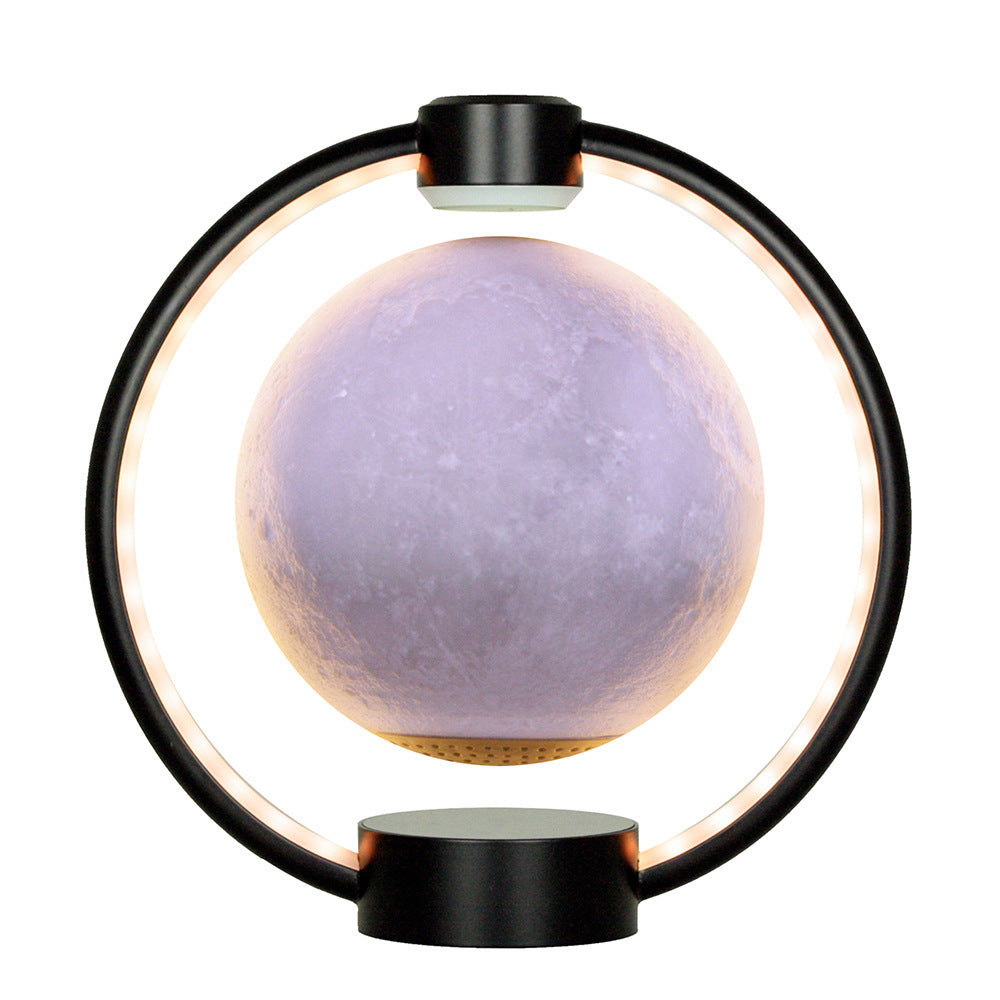Moon lamp with a black circular base and holder on a white background
