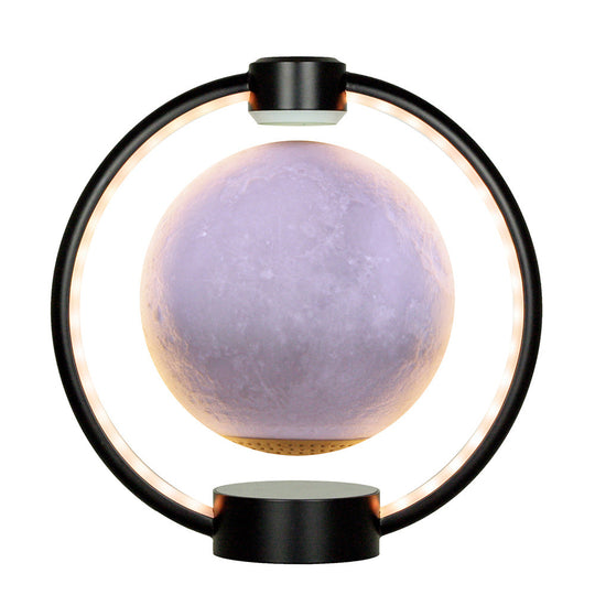 Moon lamp with a black circular base and holder on a white background