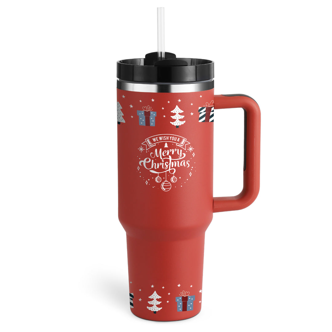 Red travel mug with Christmas design and &
