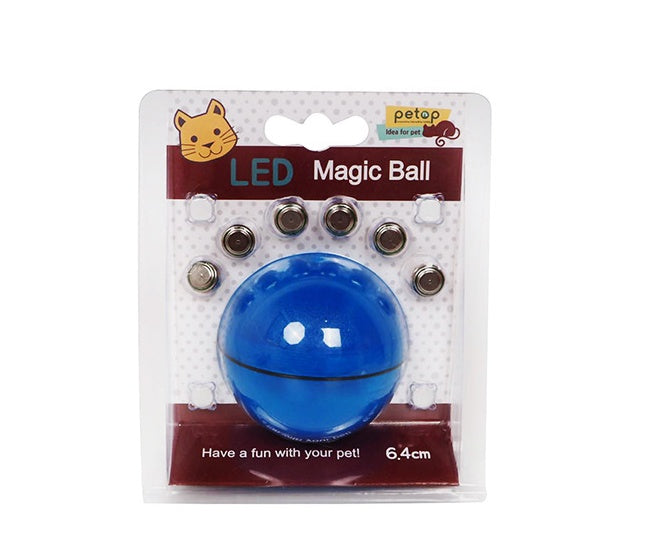 Blue LED magic ball in packaging with pet toy brand on a white background