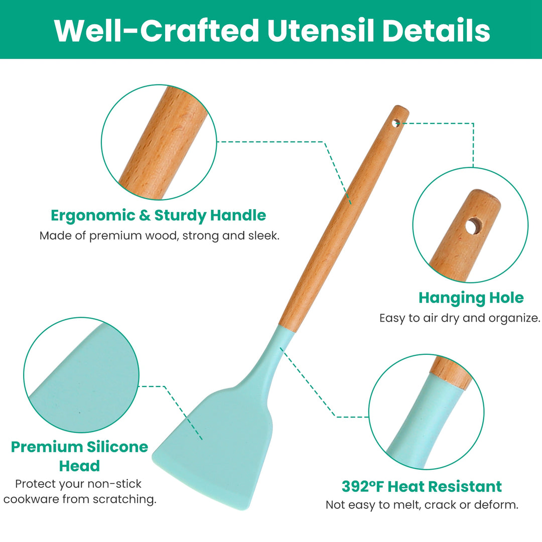 Teal spatula with wooden handle on a white background, highlighting features like ergonomic handle, hanging hole, silicone head, and heat resistance.