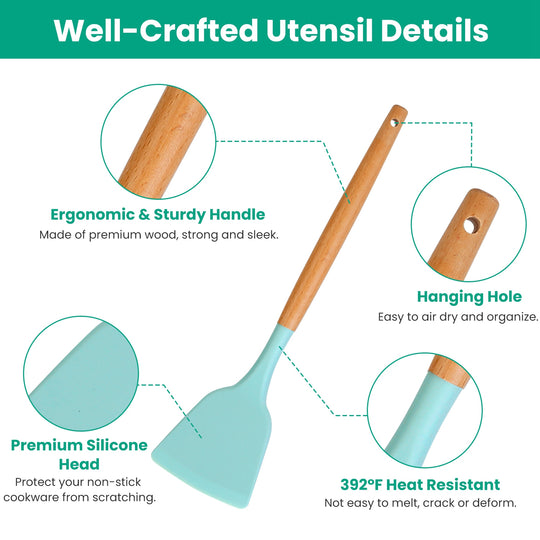 Teal spatula with wooden handle on a white background, highlighting features like ergonomic handle, hanging hole, silicone head, and heat resistance.