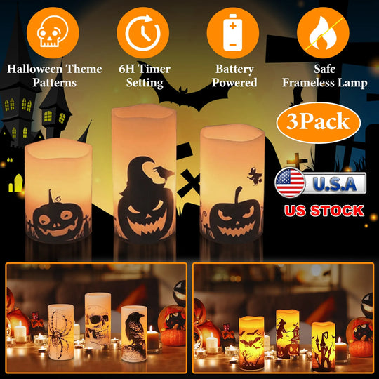 3-Pack Halloween Flameless Candle Lamps with Timer