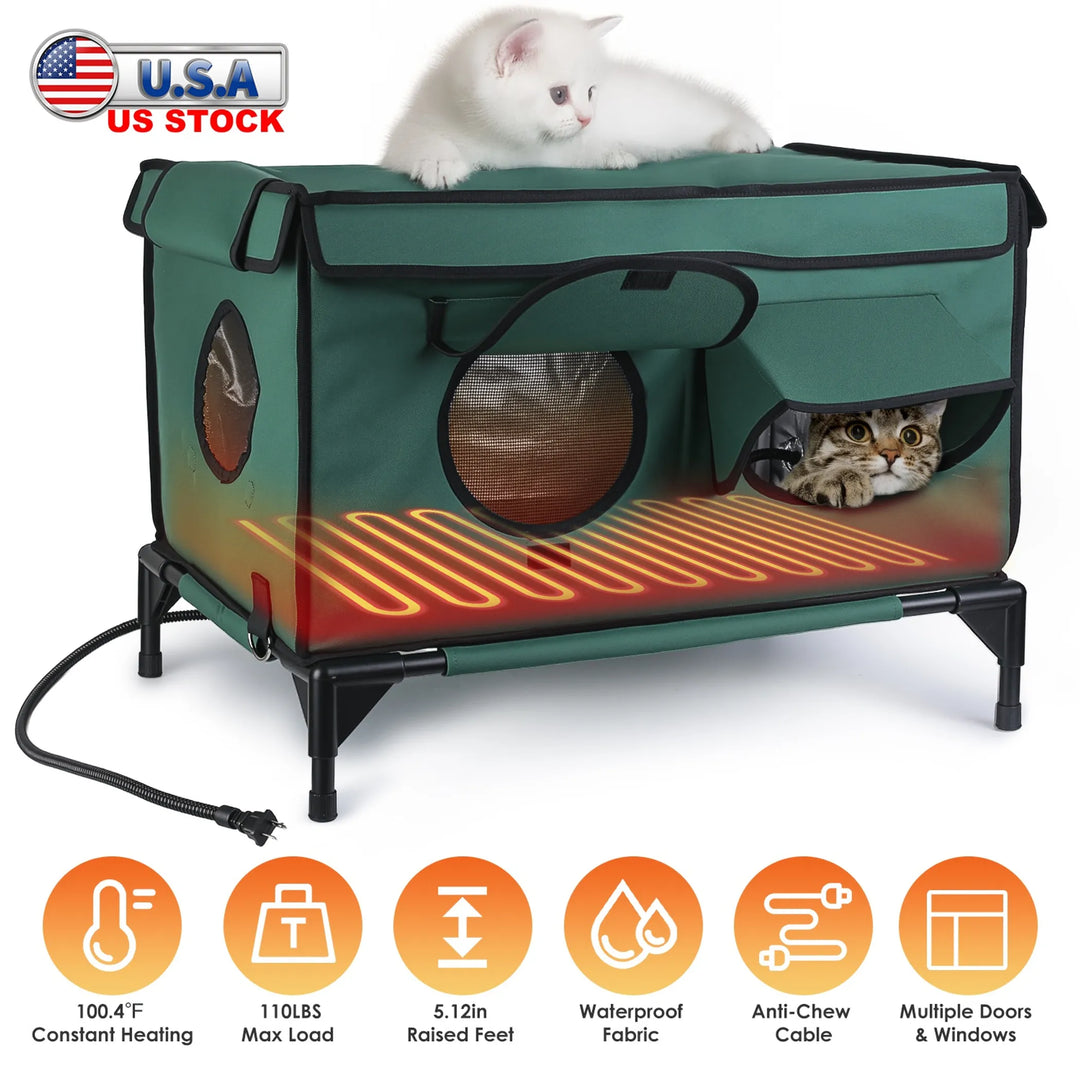 Waterproof Heated Cat House with Raised Frame