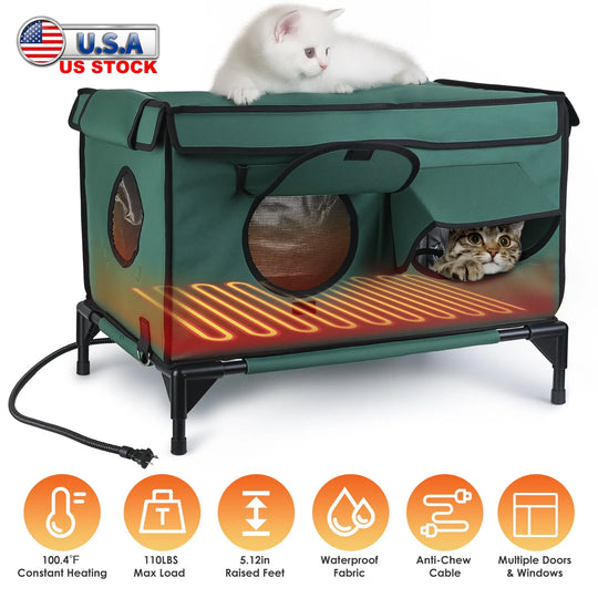 Waterproof Heated Cat House with Raised Frame