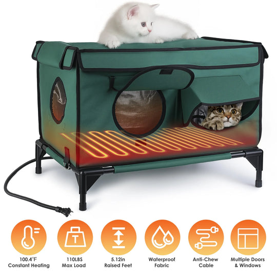 Waterproof Heated Cat House with Raised Frame