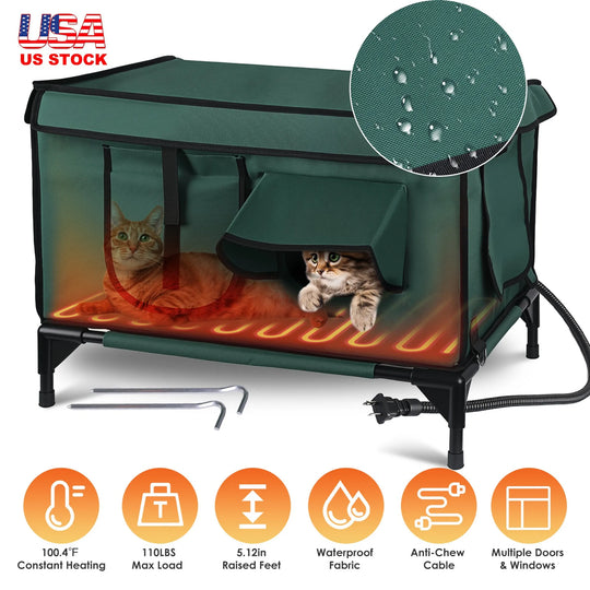 Waterproof Heated Cat House with Raised Frame