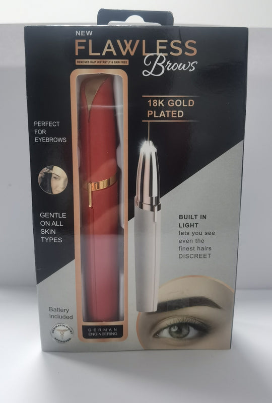 Flawless Brows packaging with an eyebrow grooming tool on a white background