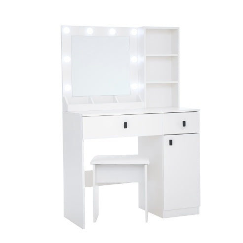 White vanity with mirror and drawers on a white background