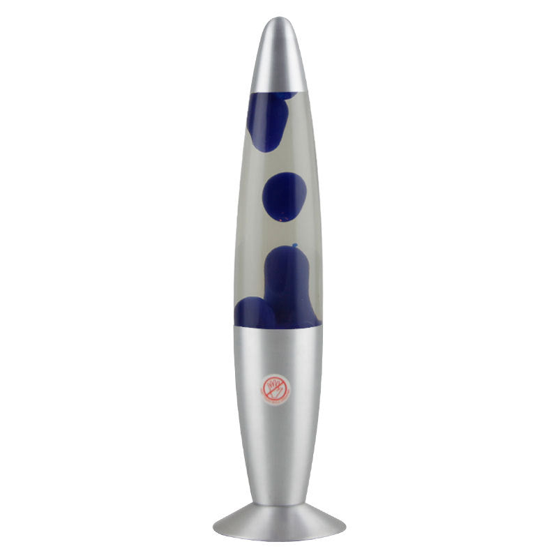 Silver and blue lava lamp on a white background