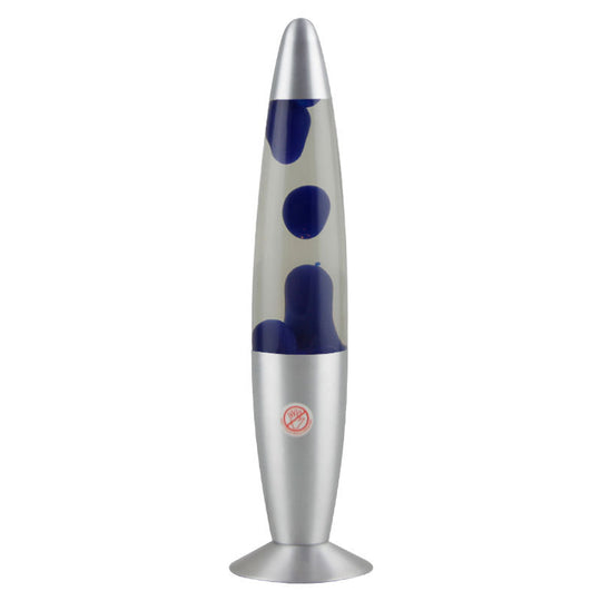 Silver and blue lava lamp on a white background