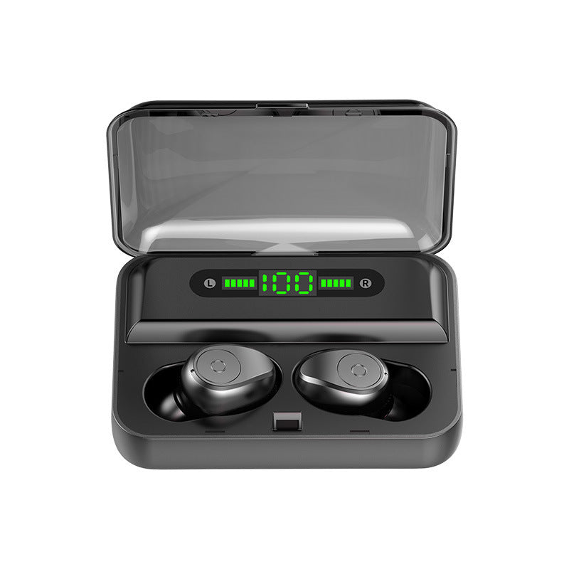 Black wireless earbuds in a charging case with a digital display on a white background