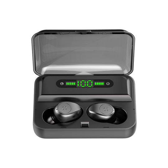 Black wireless earbuds in a charging case with a digital display on a white background