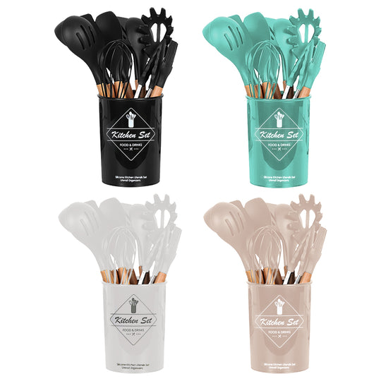 Four sets of kitchen utensils in different colors with corresponding containers on a white background.