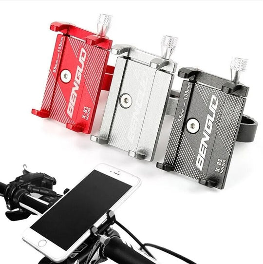 Three metal phone holders in red, silver, and black on a white background with a smartphone and bicycle handlebar setup.