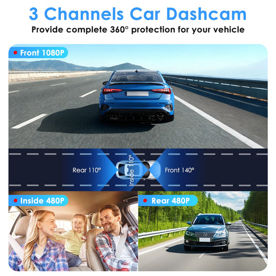 3-Channel 1080P WiFi Dash Cam with 32GB Card
