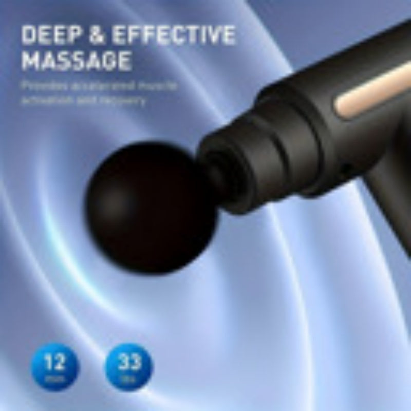 Mini USB rechargeable massage gun by SuperFamilyUSA, portable muscle relief device with ergonomic design and interchangeable massage heads.