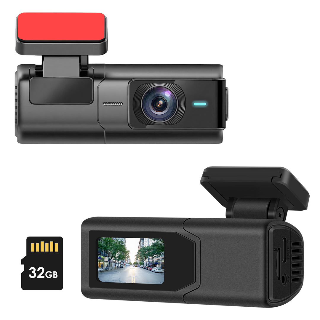Car dashboard camera with additional screen and 32GB microSD card on a white background