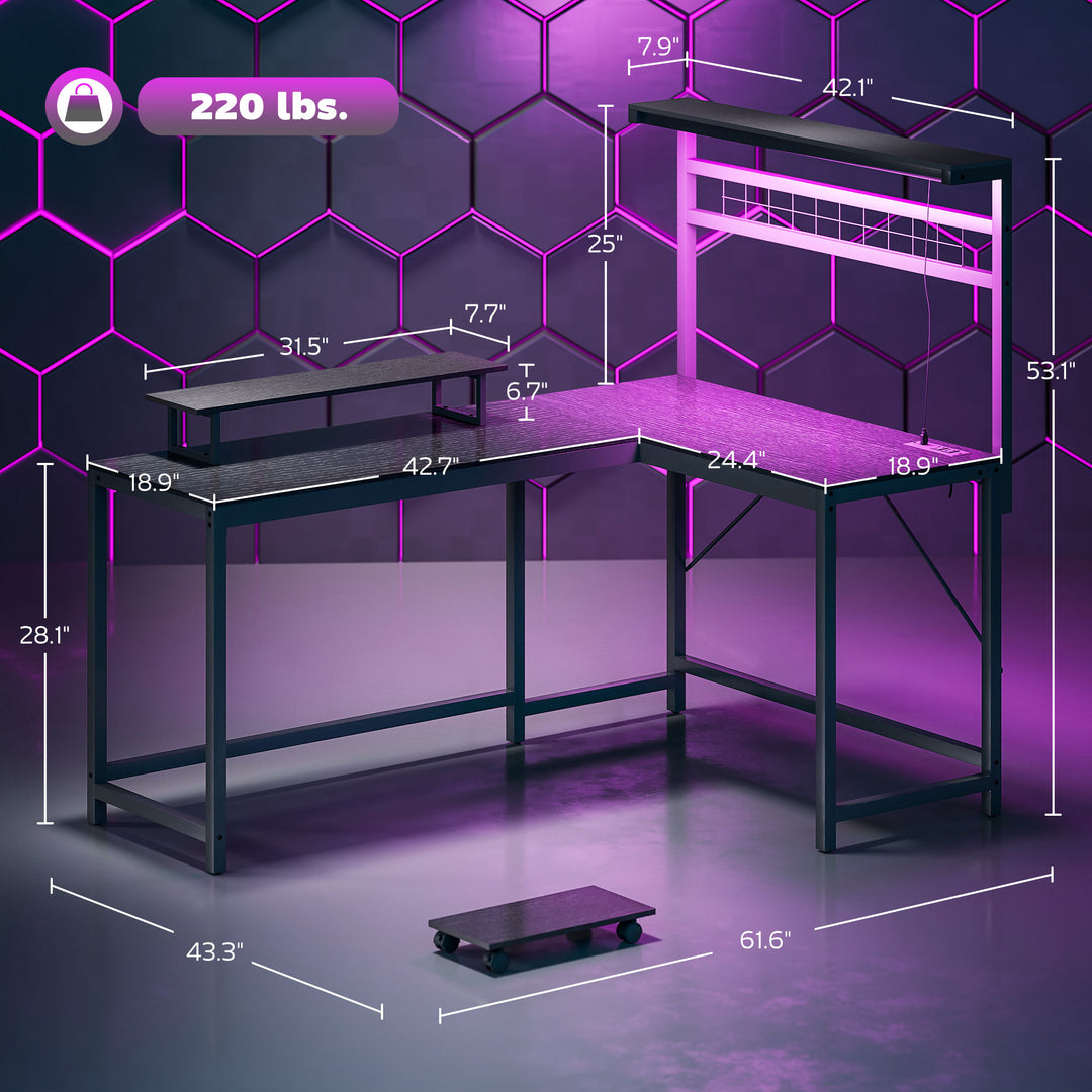 Corner desk with dimensions on a purple geometric background