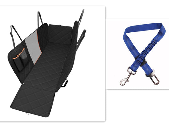 Car seat cover and blue pet leash on a white background