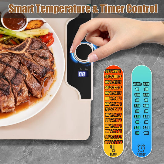 Digital meat thermometer with temperature and timer control on a plate of cooked meat and vegetables.