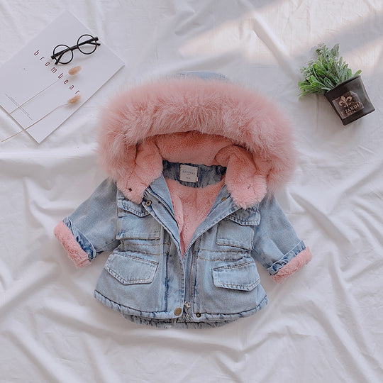 Cozy Denim Fur-Lined Jacket for Girls (Blue &amp; Pink)