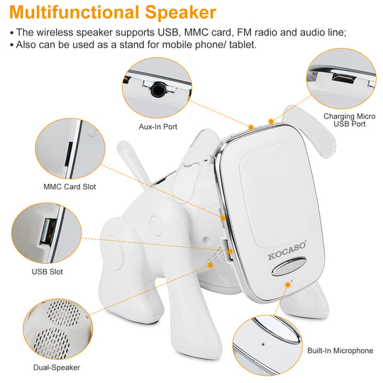Multifunctional speaker with various ports and features highlighted on a white background