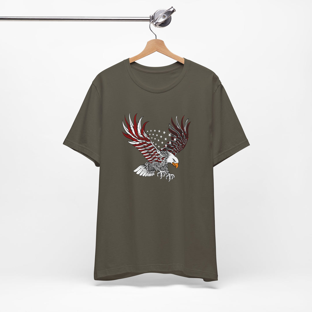 Green t-shirt with an eagle design on a hanger against a white background