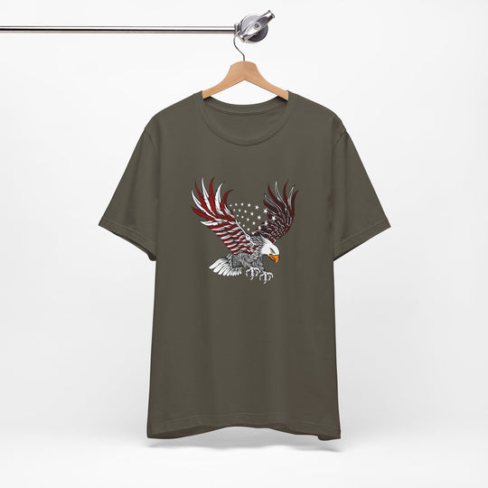Green t-shirt with an eagle design on a hanger against a white background