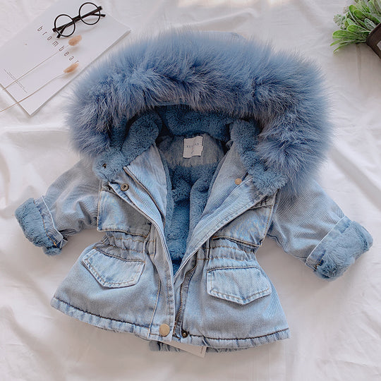 Cozy Denim Fur-Lined Jacket for Girls (Blue &amp; Pink)