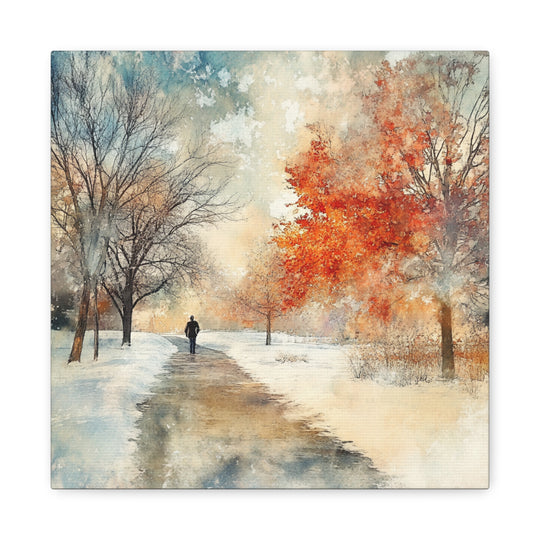 Winter scene with a person walking on a path, surrounded by trees with autumn foliage.