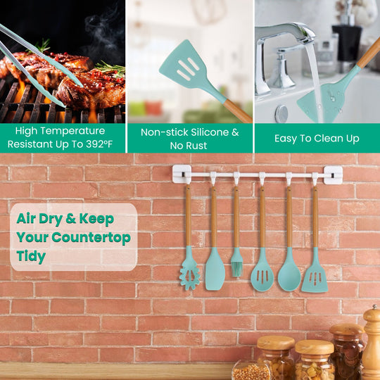 Set of kitchen utensils with text highlighting features like high temperature resistance, non-stick silicone, and ease of cleaning.