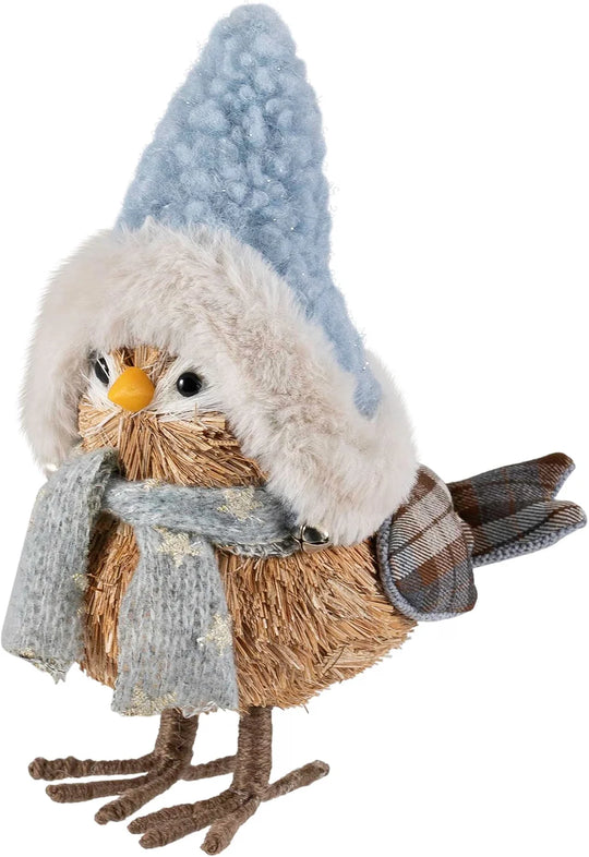 Woodland Standing Bird with Plush Winter Hat Christmas Figure - 7.5"