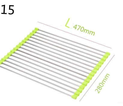 Set of metal rods with green ends and measurements on a white background