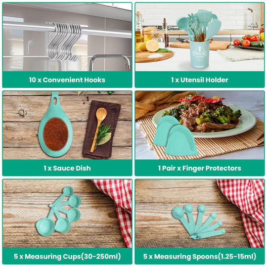 Collage of kitchen items including hooks, utensil holder, sauce dish, finger protectors, measuring cups, and measuring spoons.