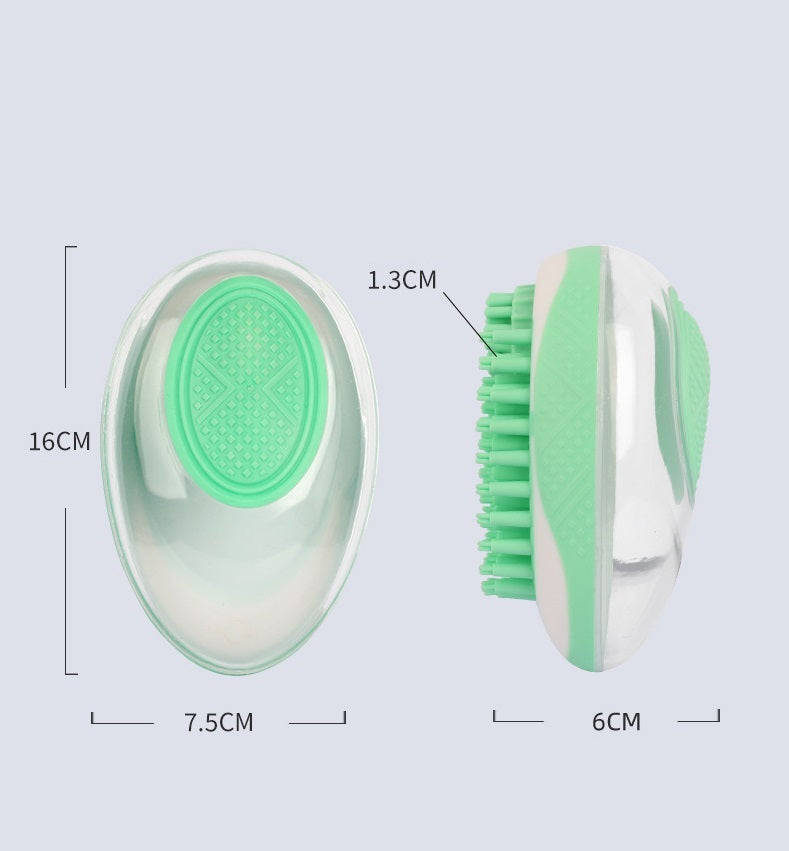 Green and white cleaning brush with measurements on a light gray background