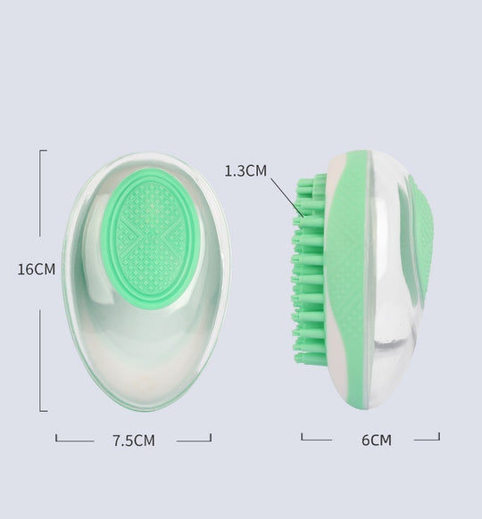 Green and white cleaning brush with measurements on a light gray background