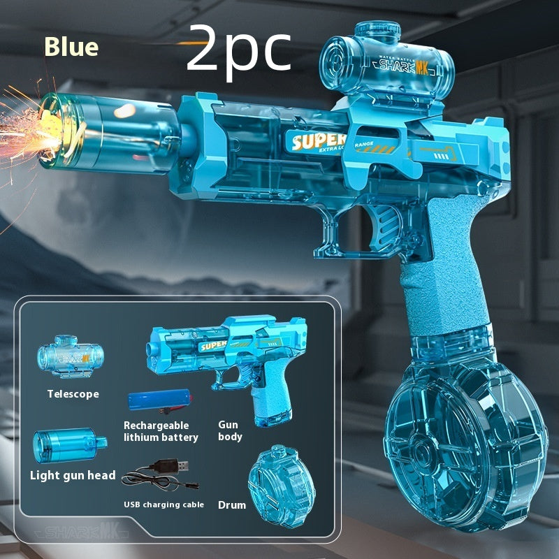 Blue laser tag gun with components displayed on a dark background