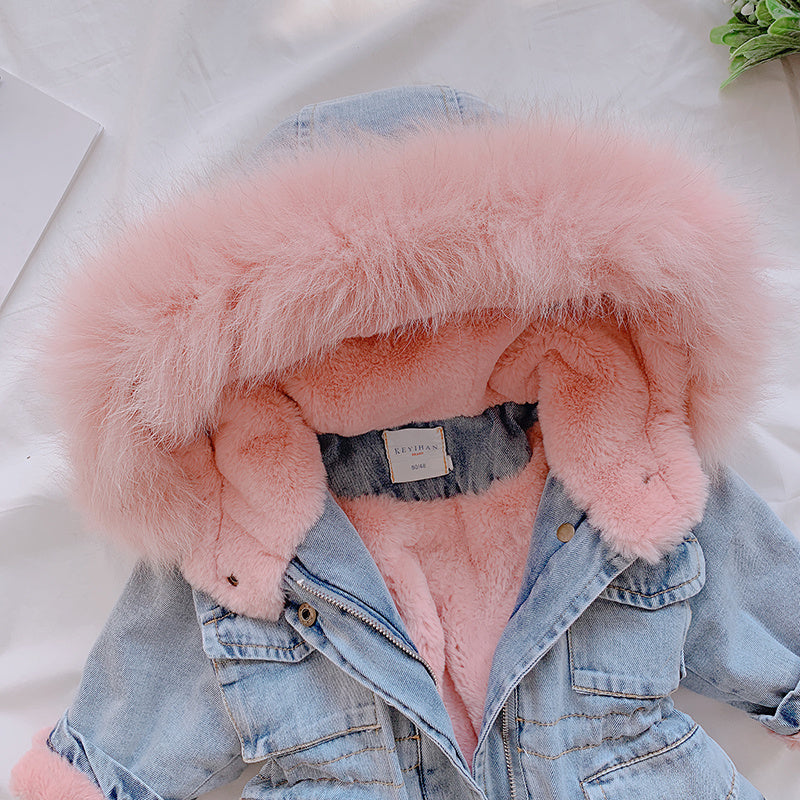 Cozy Denim Fur-Lined Jacket for Girls (Blue &amp; Pink)