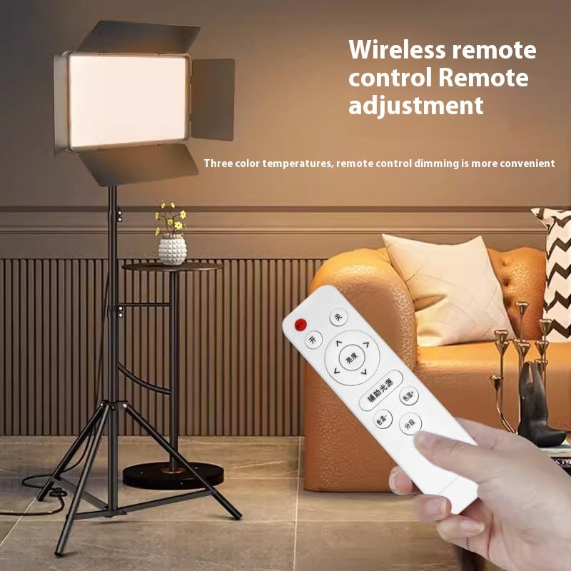 Living room with a floor lamp and remote control, emphasizing wireless remote control and remote adjustment features.