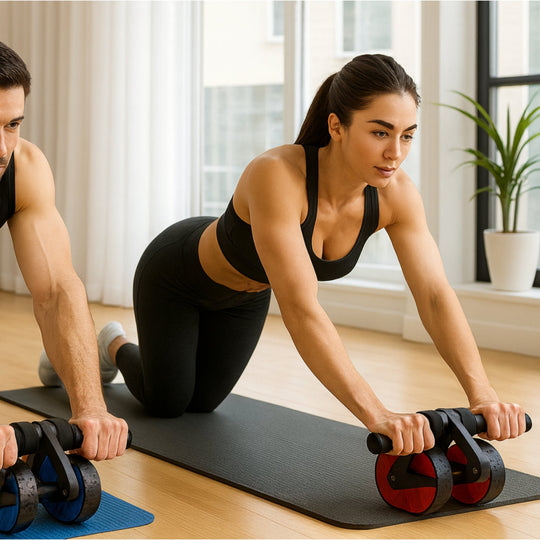 Man and woman exercising with roller tools on yoga mats in a bright room.
