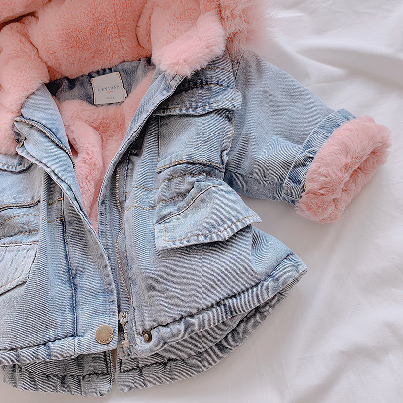 Cozy Denim Fur-Lined Jacket for Girls (Blue &amp; Pink)